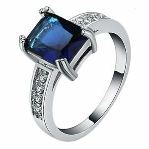 New Natural 3.58CT London Blue Topaz 7 Diamond 14K White Gold Hallmarked Ring